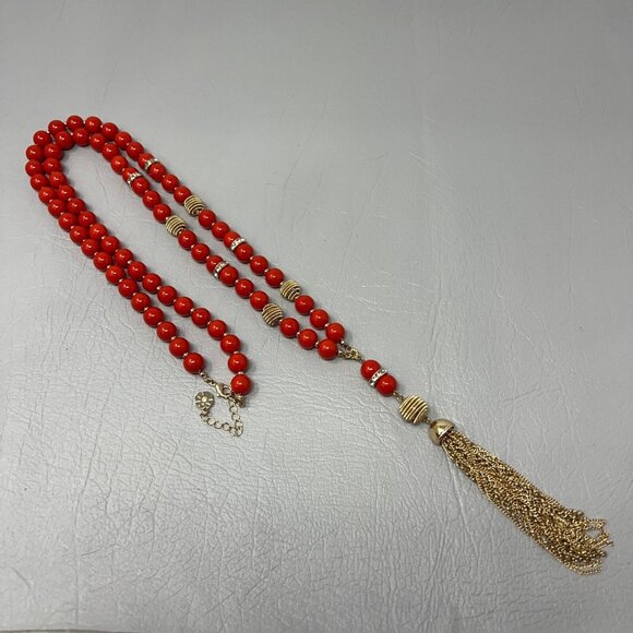 Vintage Monet Red Tassel Necklace Beaded Ribbed Gold Tone Crystal Separators - Picture 1 of 6